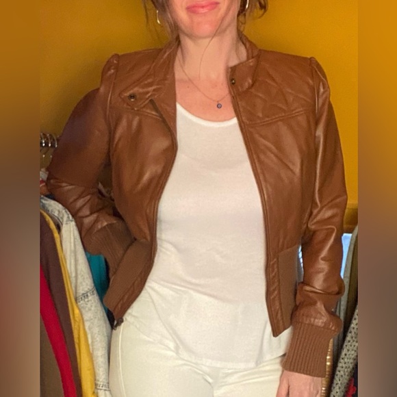 GUESS Cognac brown leather jacket sz M - Picture 6 of 7